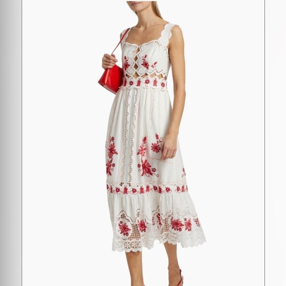 FarmRio: Richelieu Sunflower Linen-Blend Midi-Dress - Off White - Picture 6 of 14